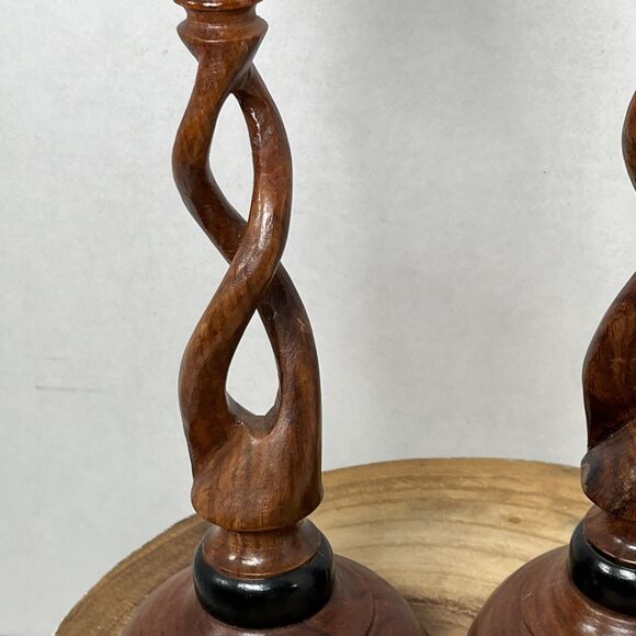 Pair Of Vintage Carved Wood Barley Twist Multi Tone Candlesticks 12” - Picture 6 of 10